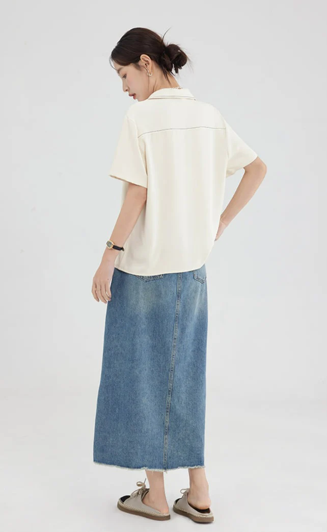 Contrast Stitch Collared Short Sleeve Top - Image 5