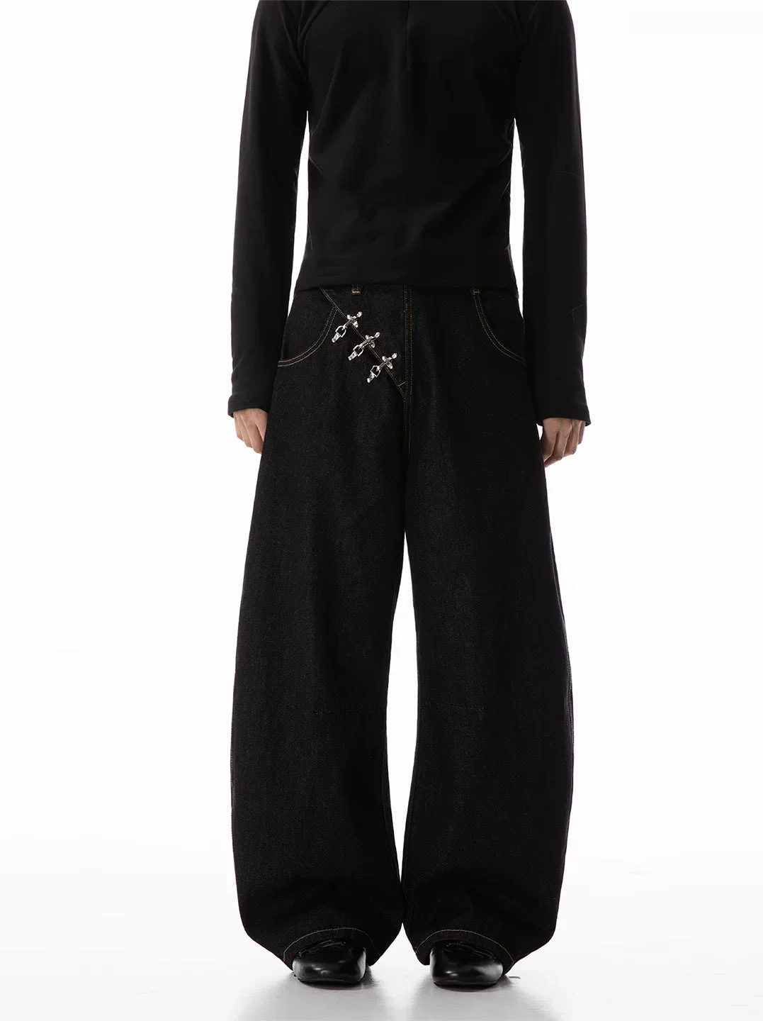 Contrast Stitch Wide Leg Jeans with Diagonal Fireman Buckles