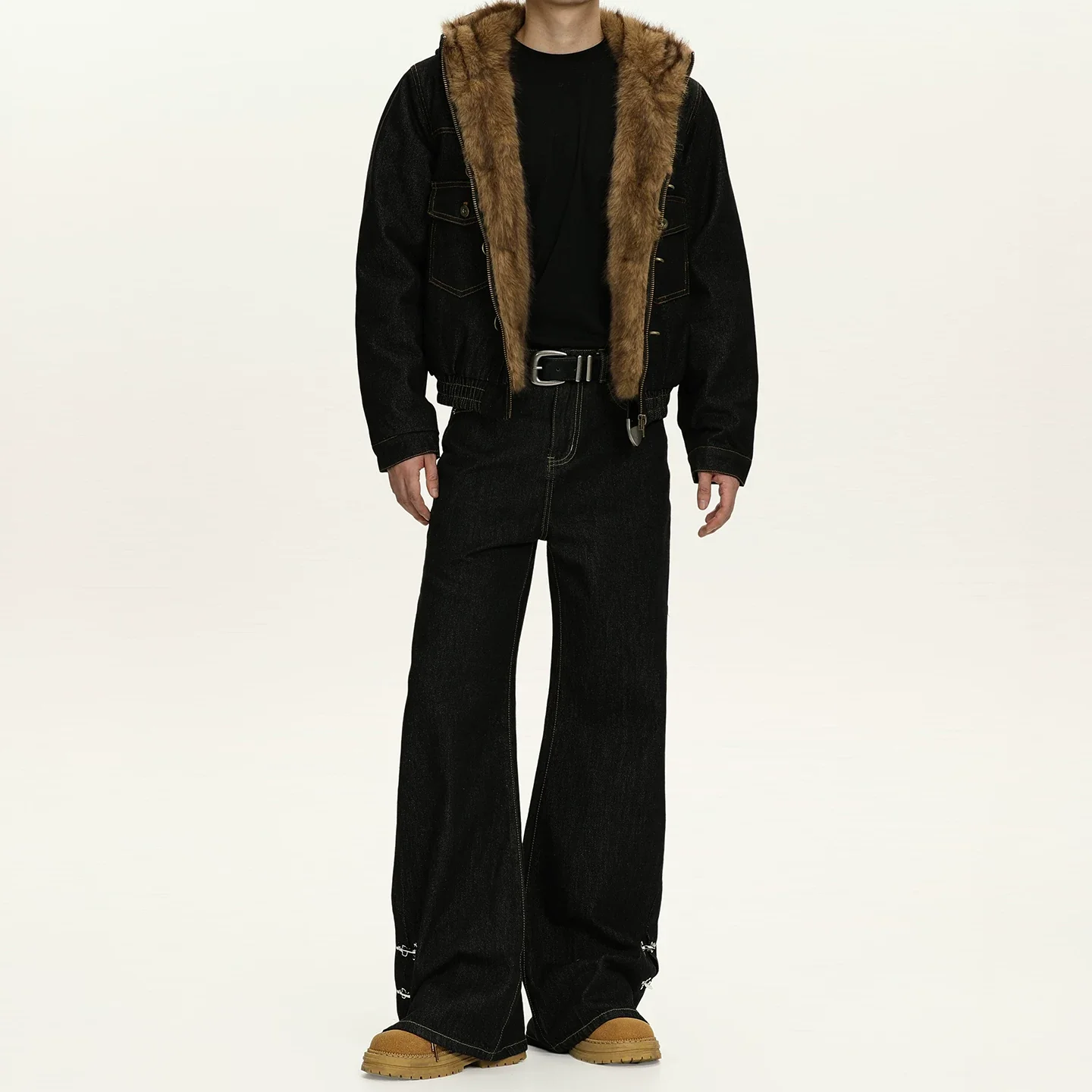 Contrast Stitch Wide Leg Jeans with Lower Fireman Buckle Details