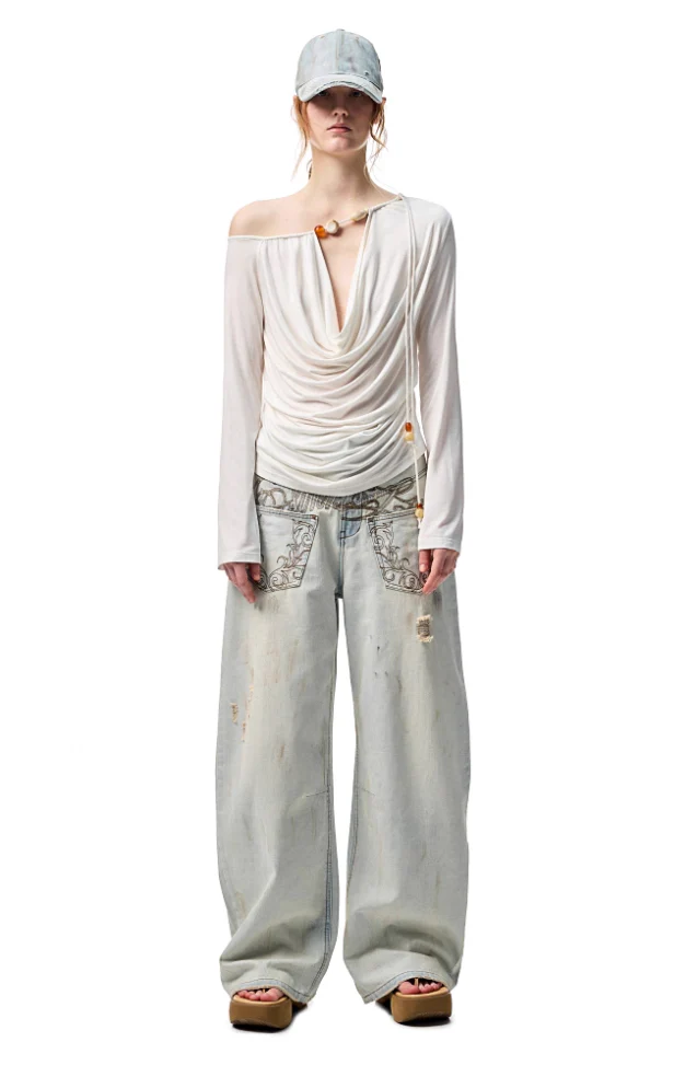 Cowl Neck Long Sleeve One Shoulder Top with Beads Detail - Image 7