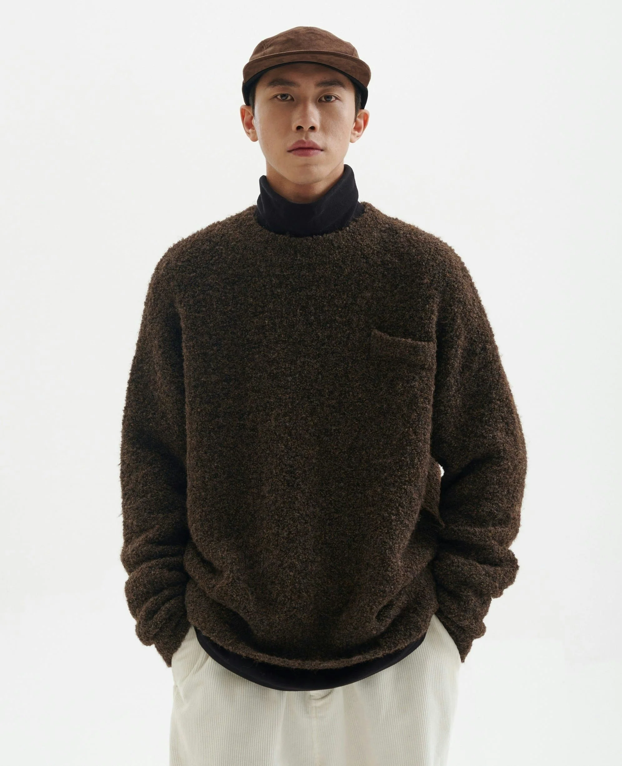 Crew Neck Fuzzy Sweater with Pocket - Image 14