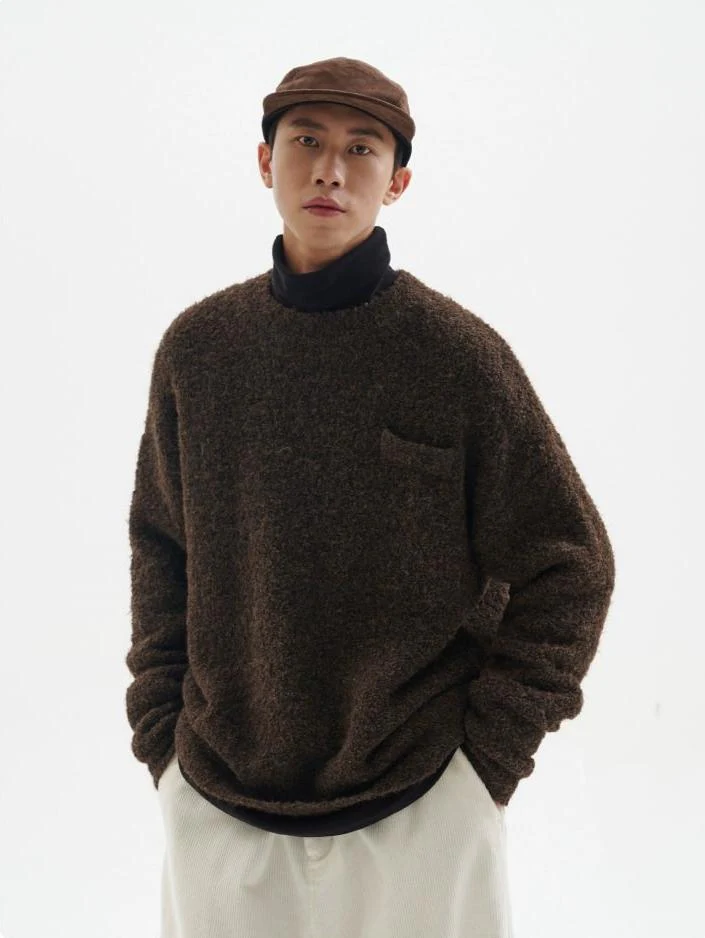 Crew Neck Fuzzy Sweater with Pocket - Image 16