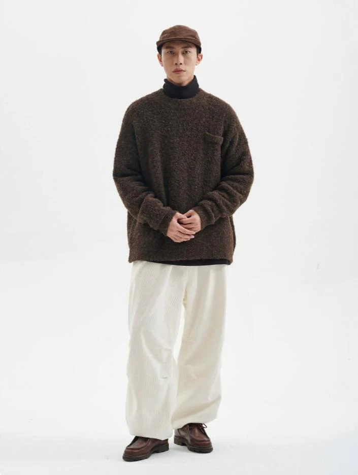 Crew Neck Fuzzy Sweater with Pocket - Image 19
