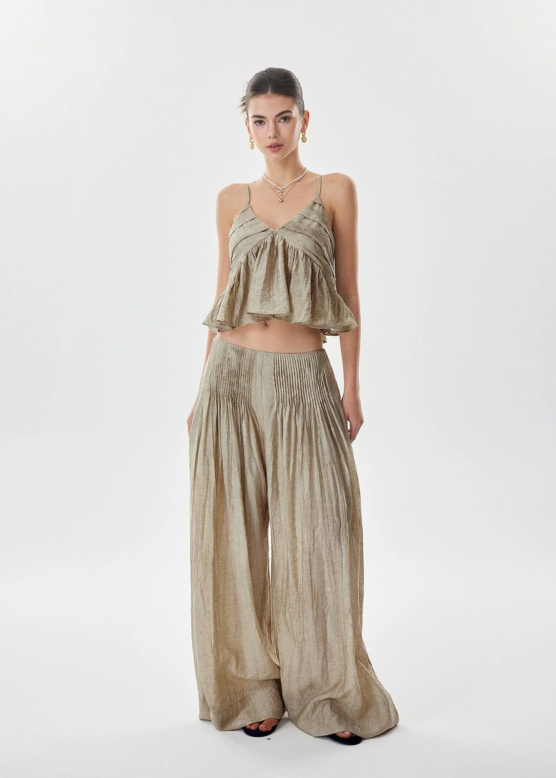 Crinkle Textured Flowy Cami Top and Wide Leg Pleated Pants Two-Piece Set - Image 4