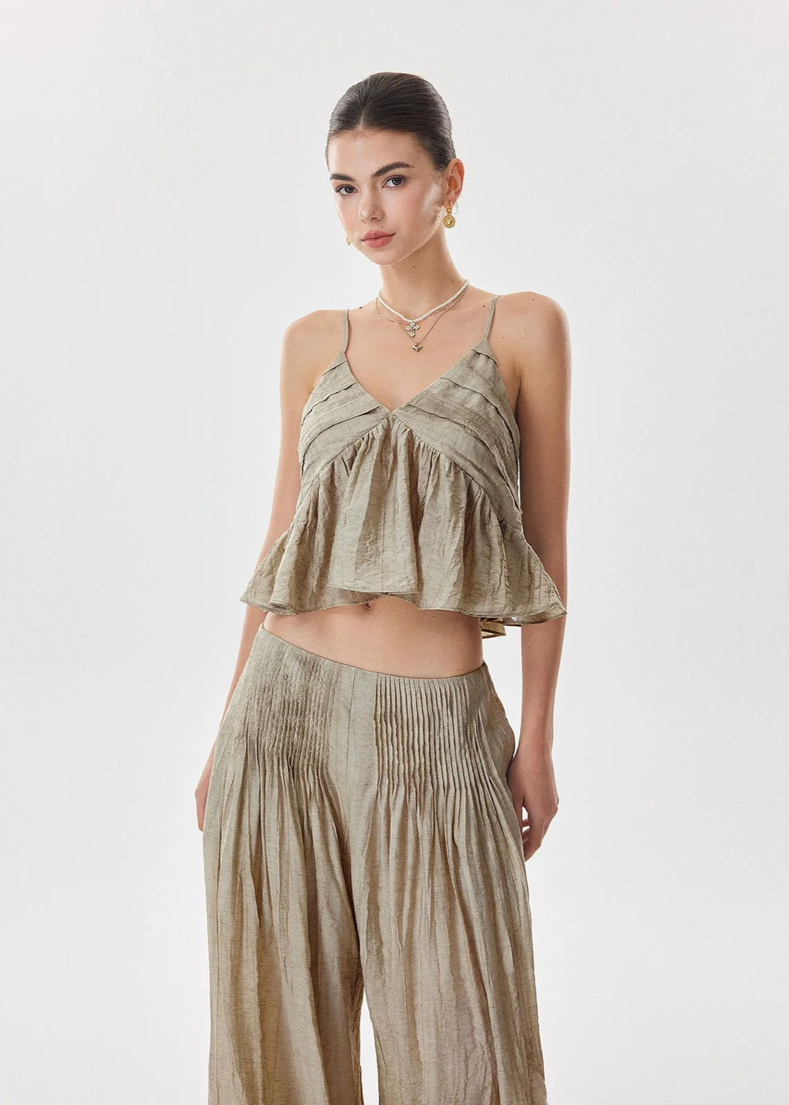 Crinkle Textured Flowy Cami Top and Wide Leg Pleated Pants Two-Piece Set - Image 6