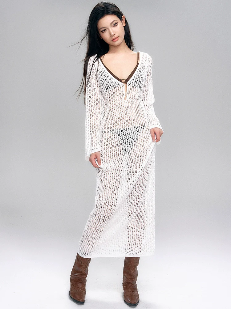 Crochet Cover-Up Open Knit Maxi Dress and Bikini Set
