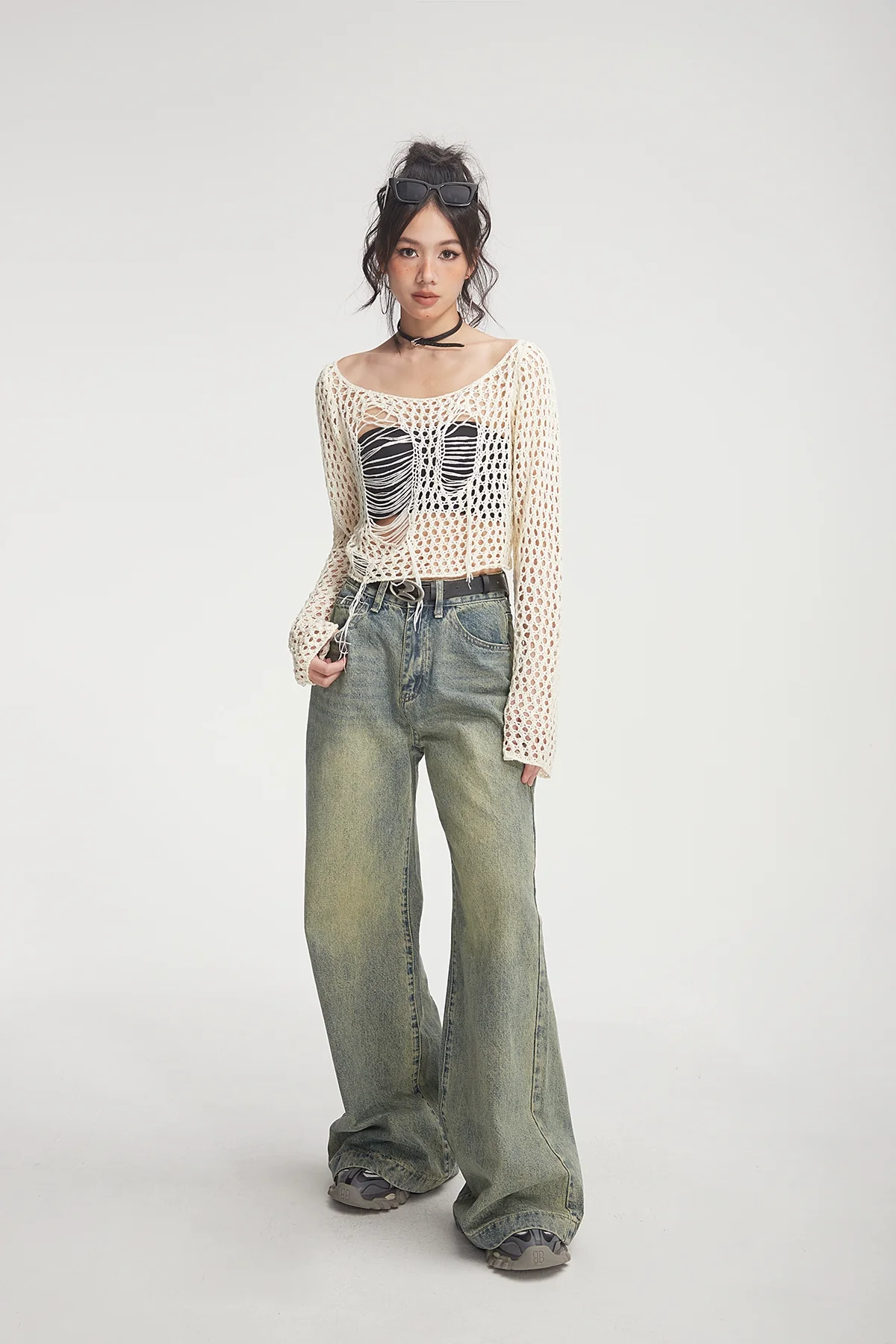 Crochet Knit Skeleton-Effect Long Sleeve Top - Image 11