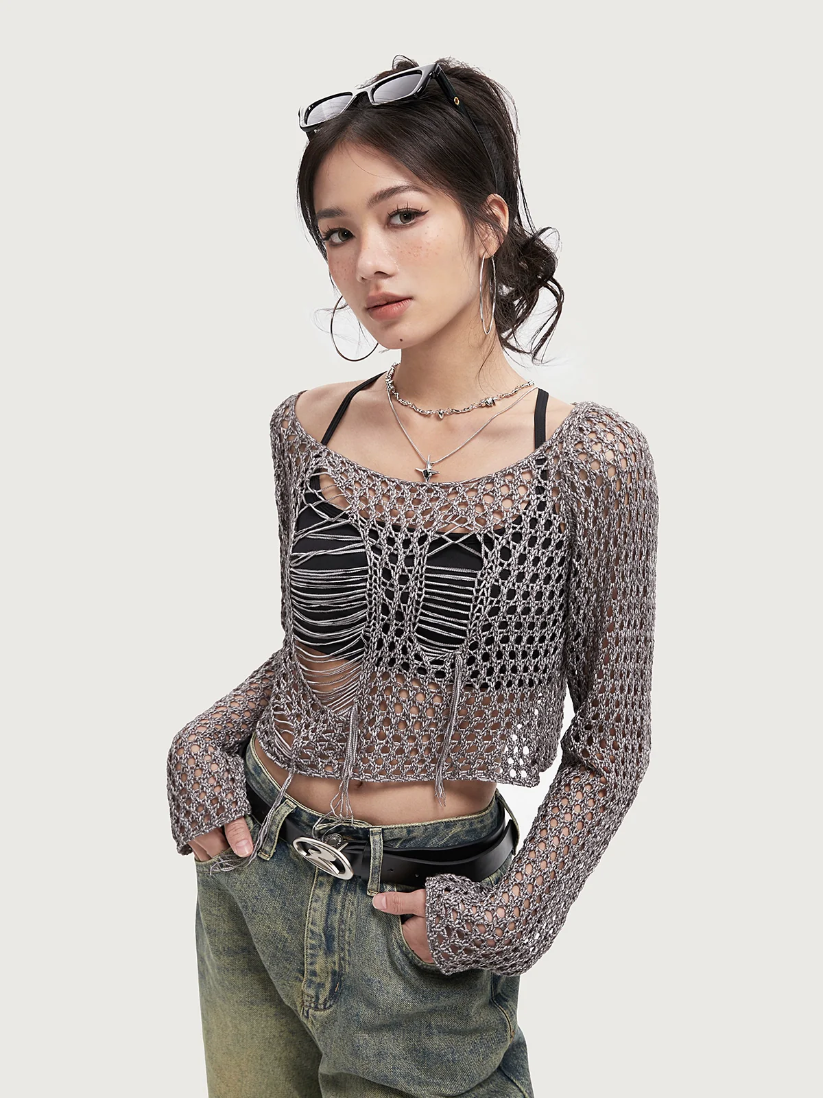 Crochet Knit Skeleton-Effect Long Sleeve Top - Image 14