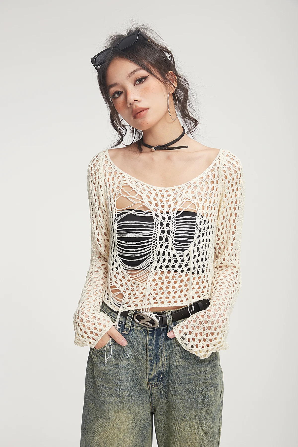 Crochet Knit Skeleton-Effect Long Sleeve Top - Image 2
