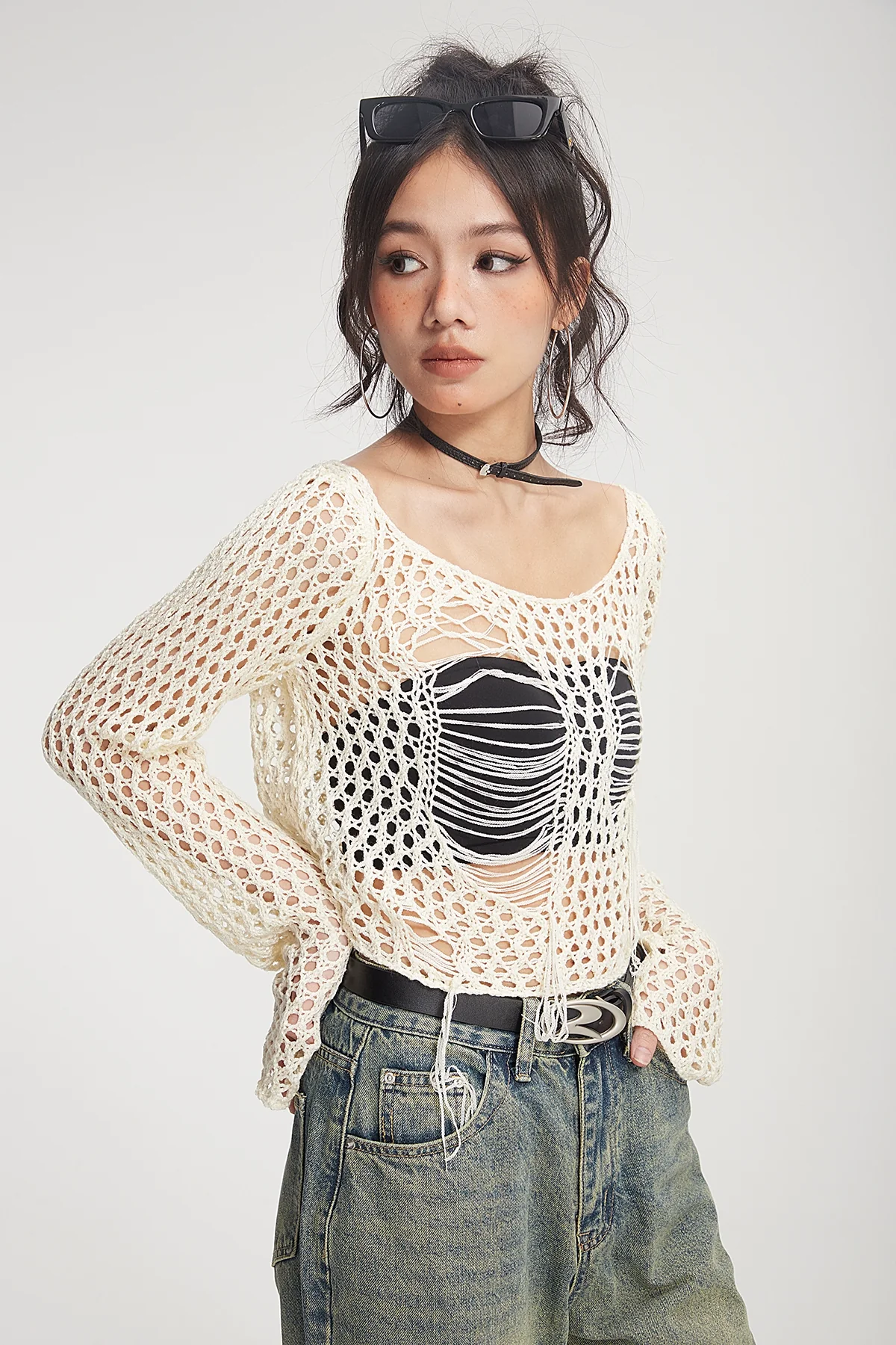 Crochet Knit Skeleton-Effect Long Sleeve Top - Image 4