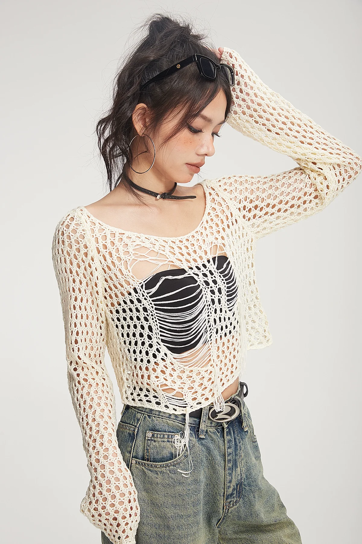 Crochet Knit Skeleton-Effect Long Sleeve Top - Image 5