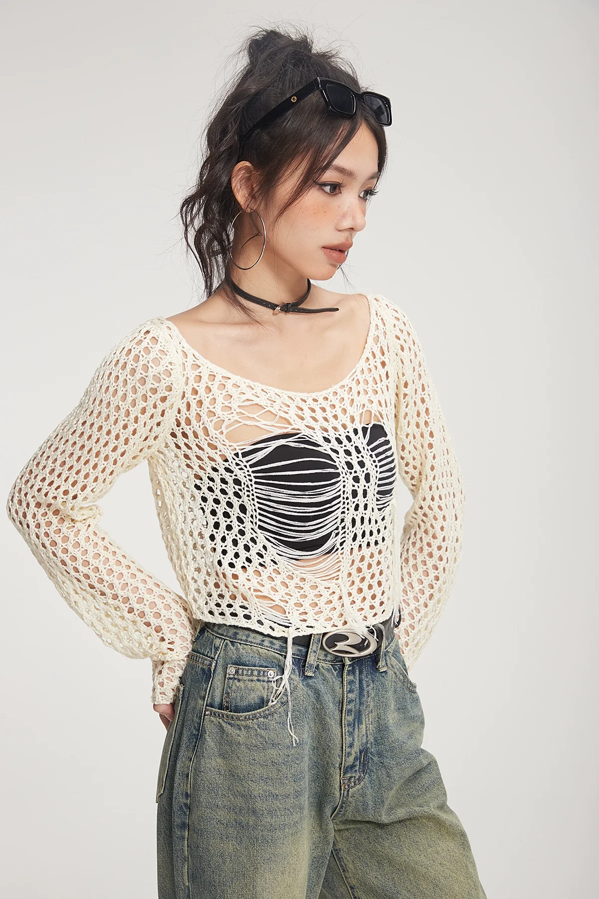 Crochet Knit Skeleton-Effect Long Sleeve Top - Image 6