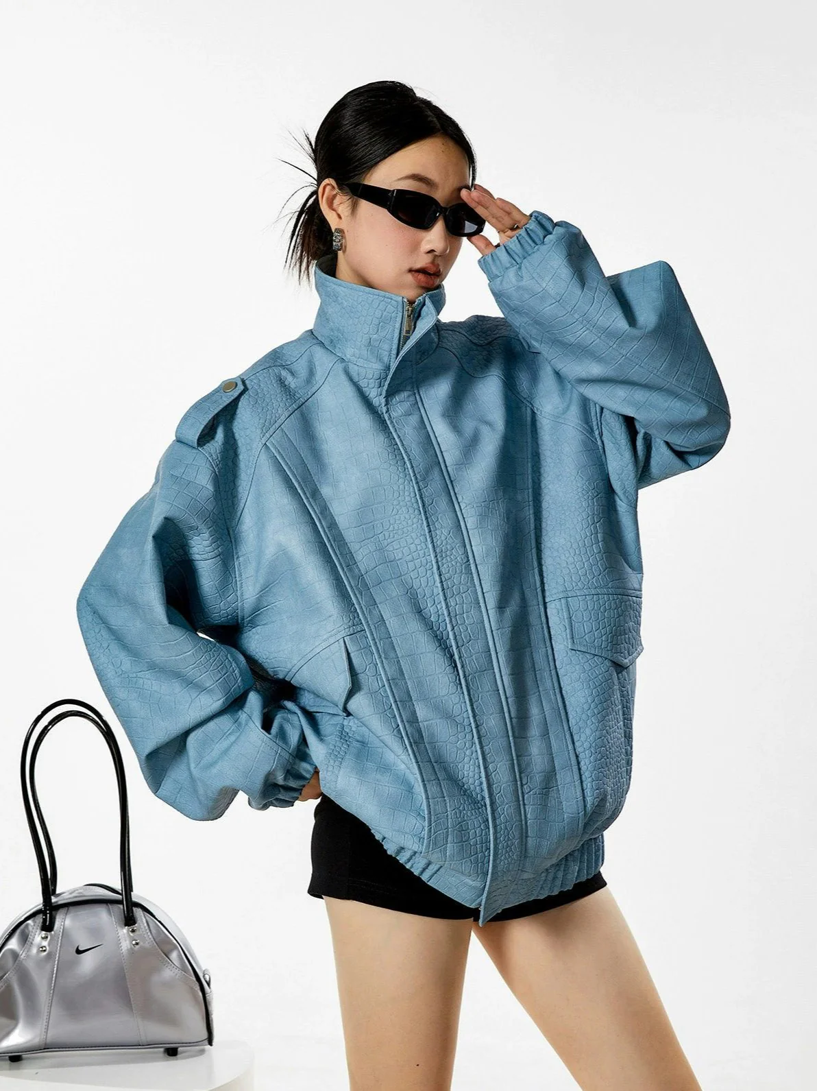 Crocodile Texture Faux Leather Zip Jacket - Image 12