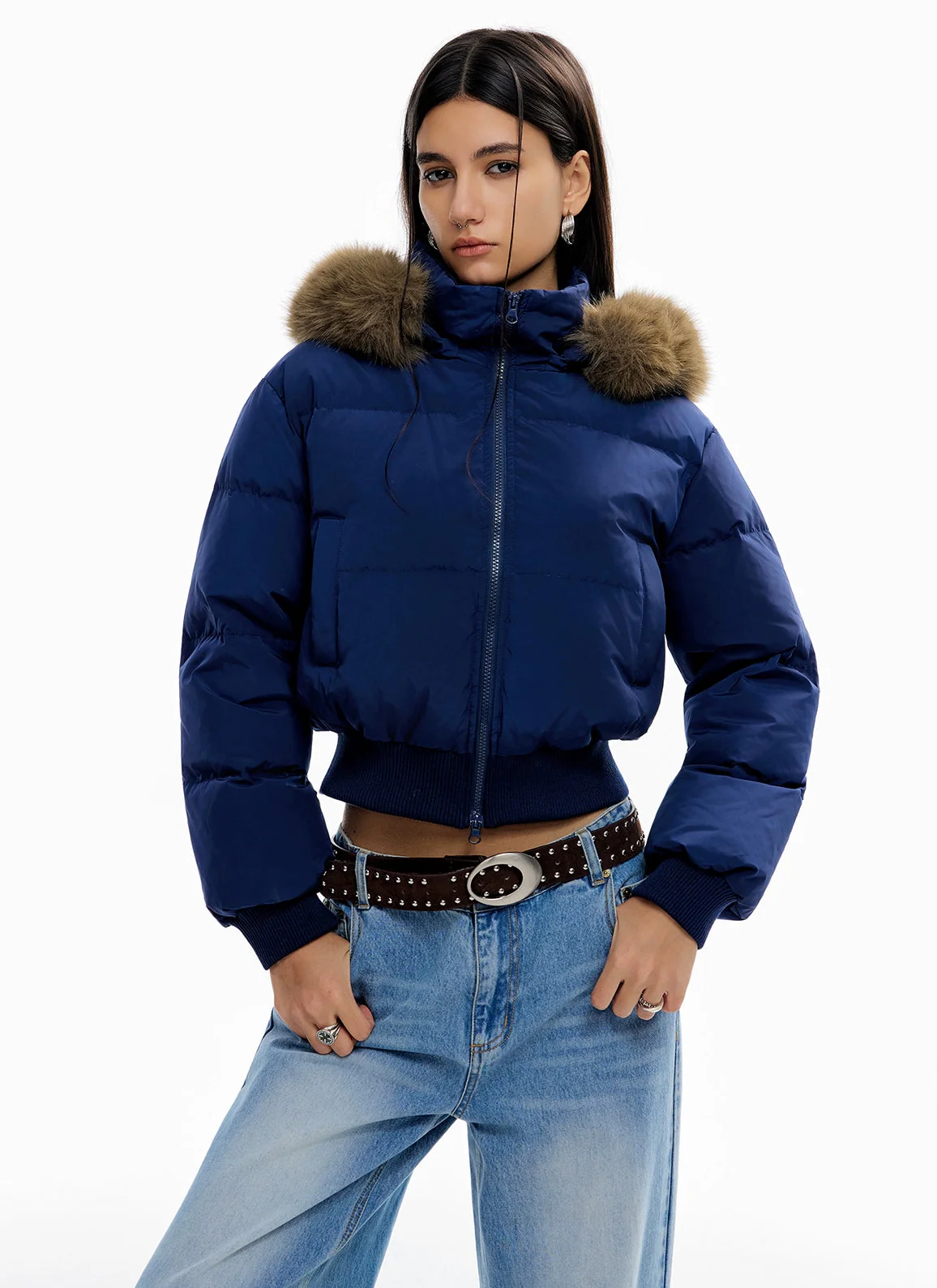 Crop Puffer Jacket with Detachable Faux Fur Hood Trim