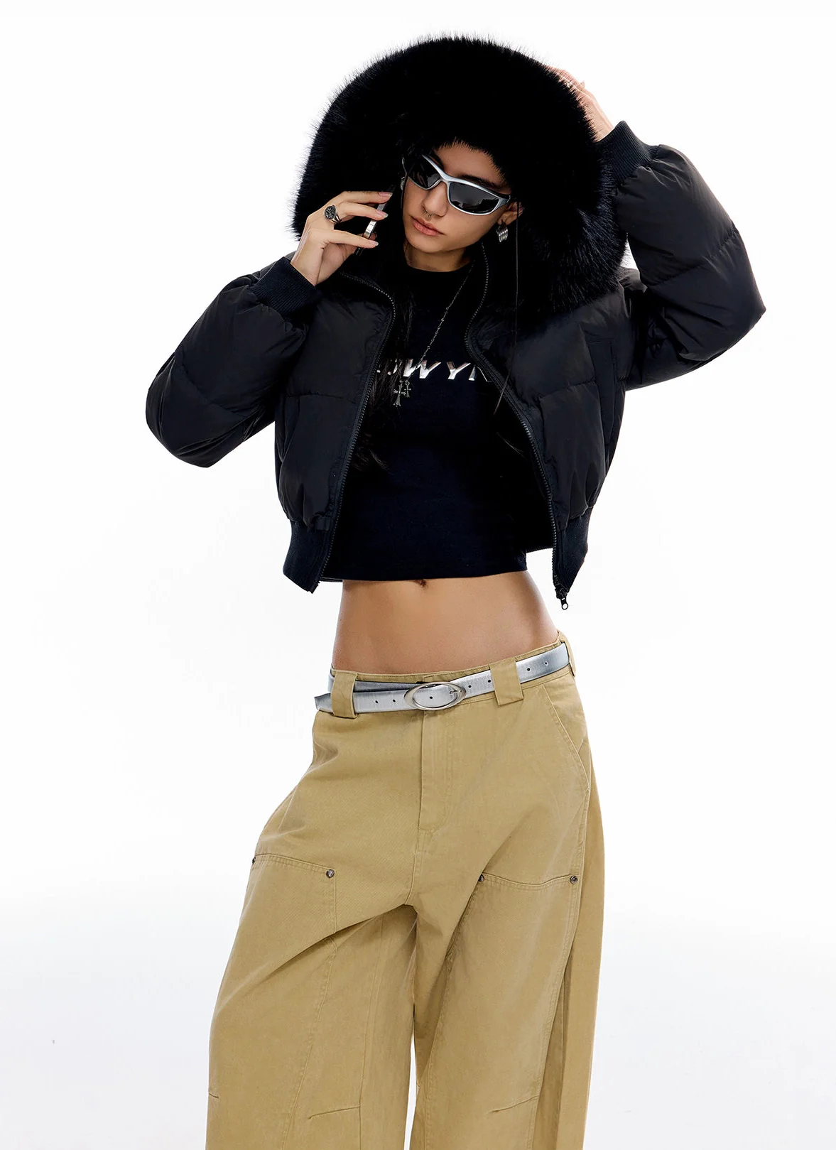 Crop Puffer Jacket with Detachable Faux Fur Hood Trim - Image 10