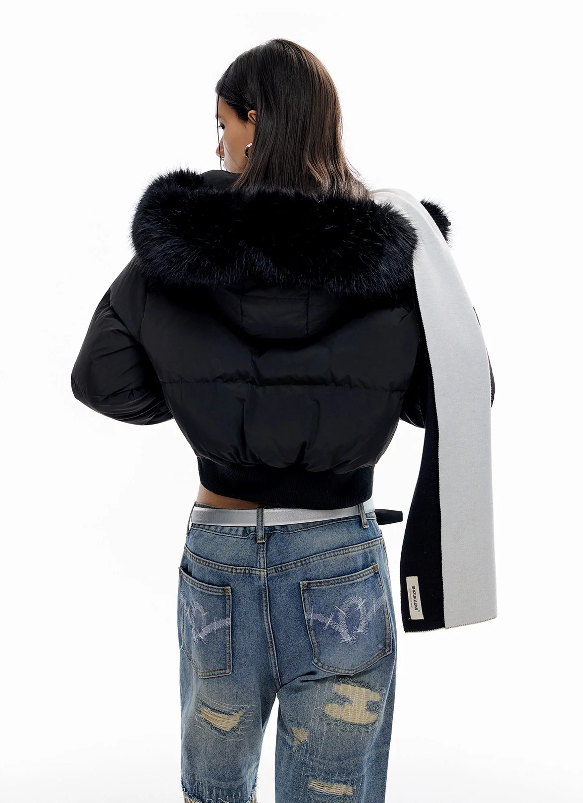 Crop Puffer Jacket with Detachable Faux Fur Hood Trim - Image 11