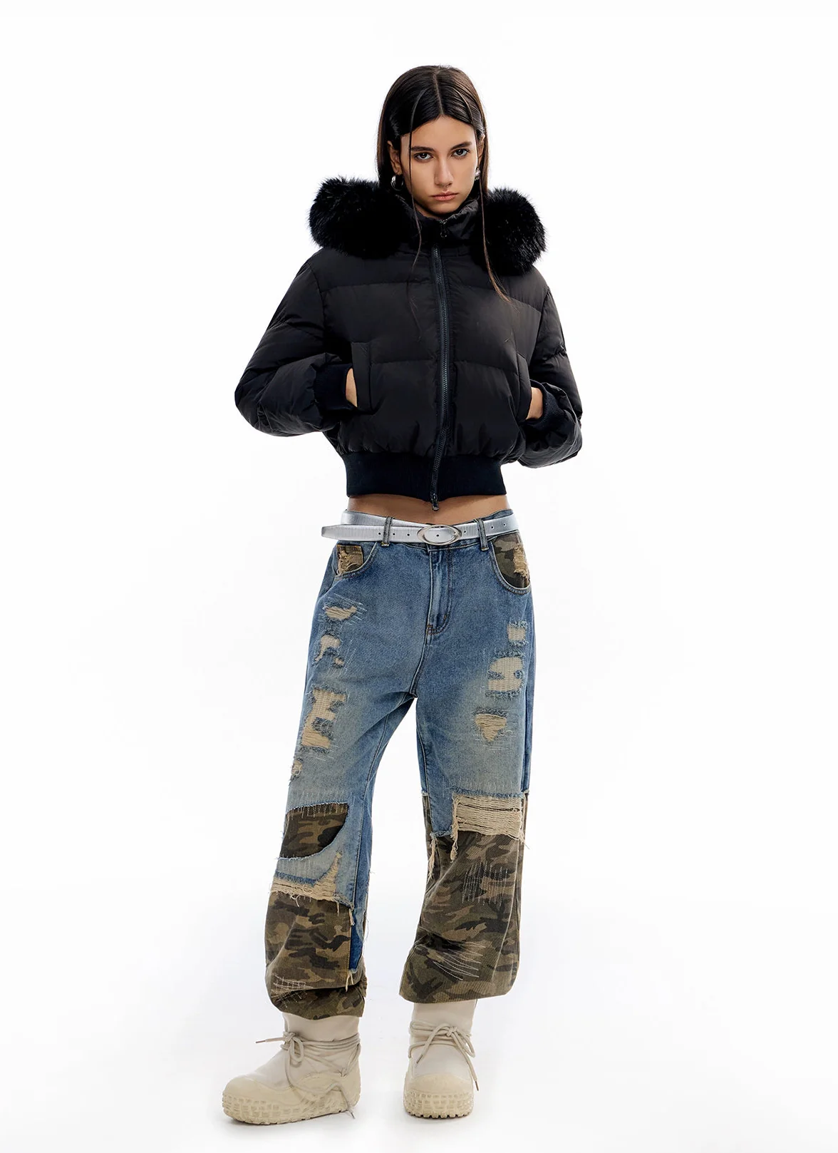 Crop Puffer Jacket with Detachable Faux Fur Hood Trim - Image 12