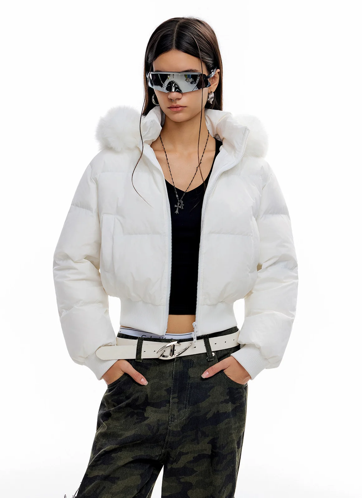 Crop Puffer Jacket with Detachable Faux Fur Hood Trim - Image 14