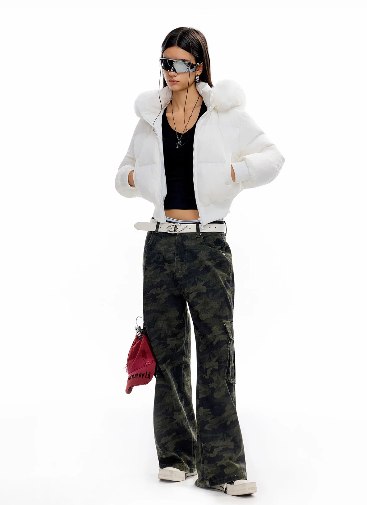 Crop Puffer Jacket with Detachable Faux Fur Hood Trim - Image 15
