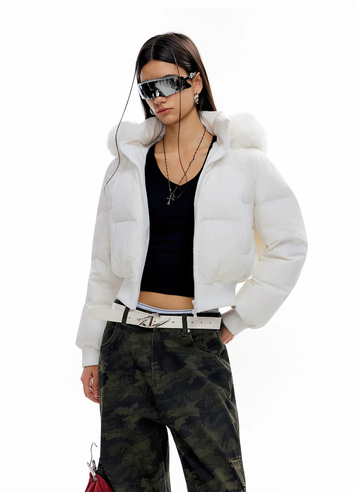 Crop Puffer Jacket with Detachable Faux Fur Hood Trim - Image 16