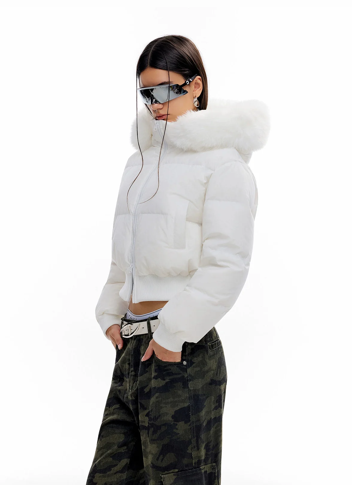 Crop Puffer Jacket with Detachable Faux Fur Hood Trim - Image 17