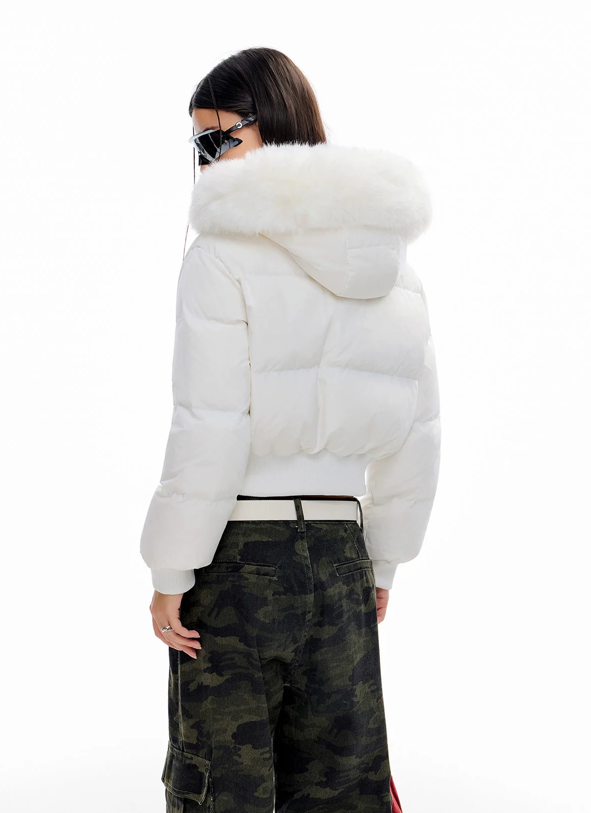 Crop Puffer Jacket with Detachable Faux Fur Hood Trim - Image 18