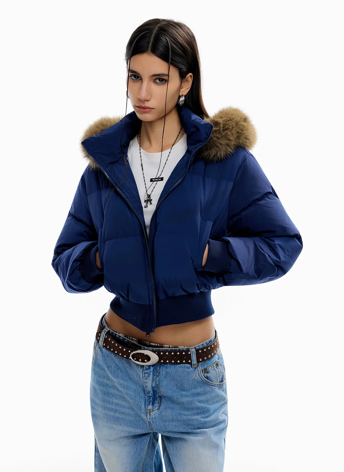 Crop Puffer Jacket with Detachable Faux Fur Hood Trim - Image 2
