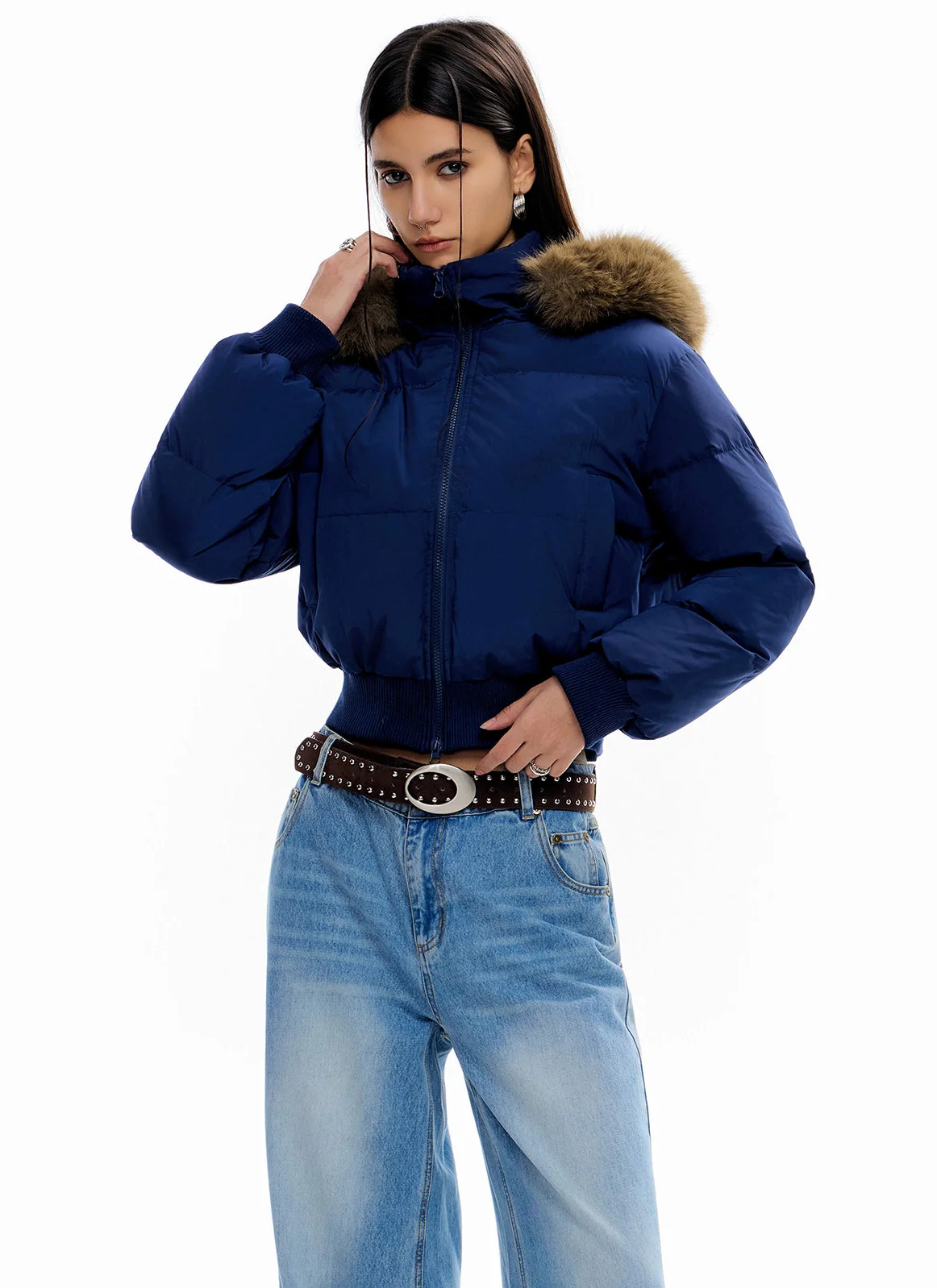 Crop Puffer Jacket with Detachable Faux Fur Hood Trim - Image 3