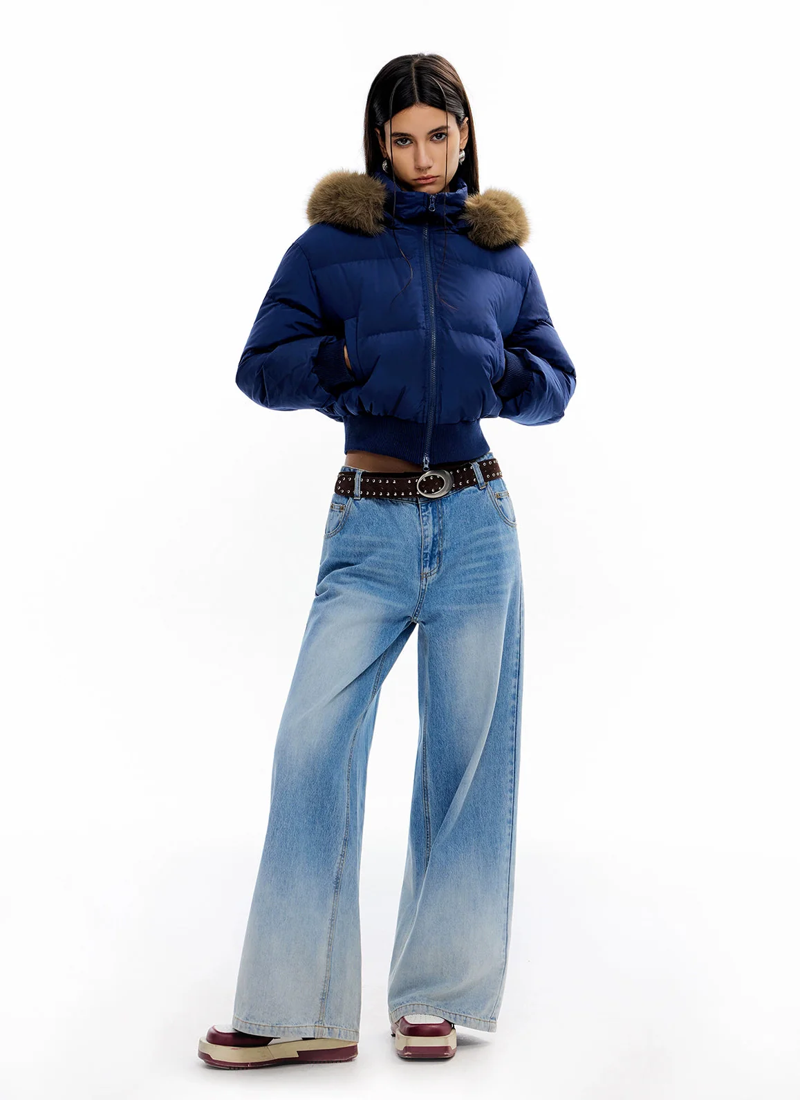 Crop Puffer Jacket with Detachable Faux Fur Hood Trim - Image 4