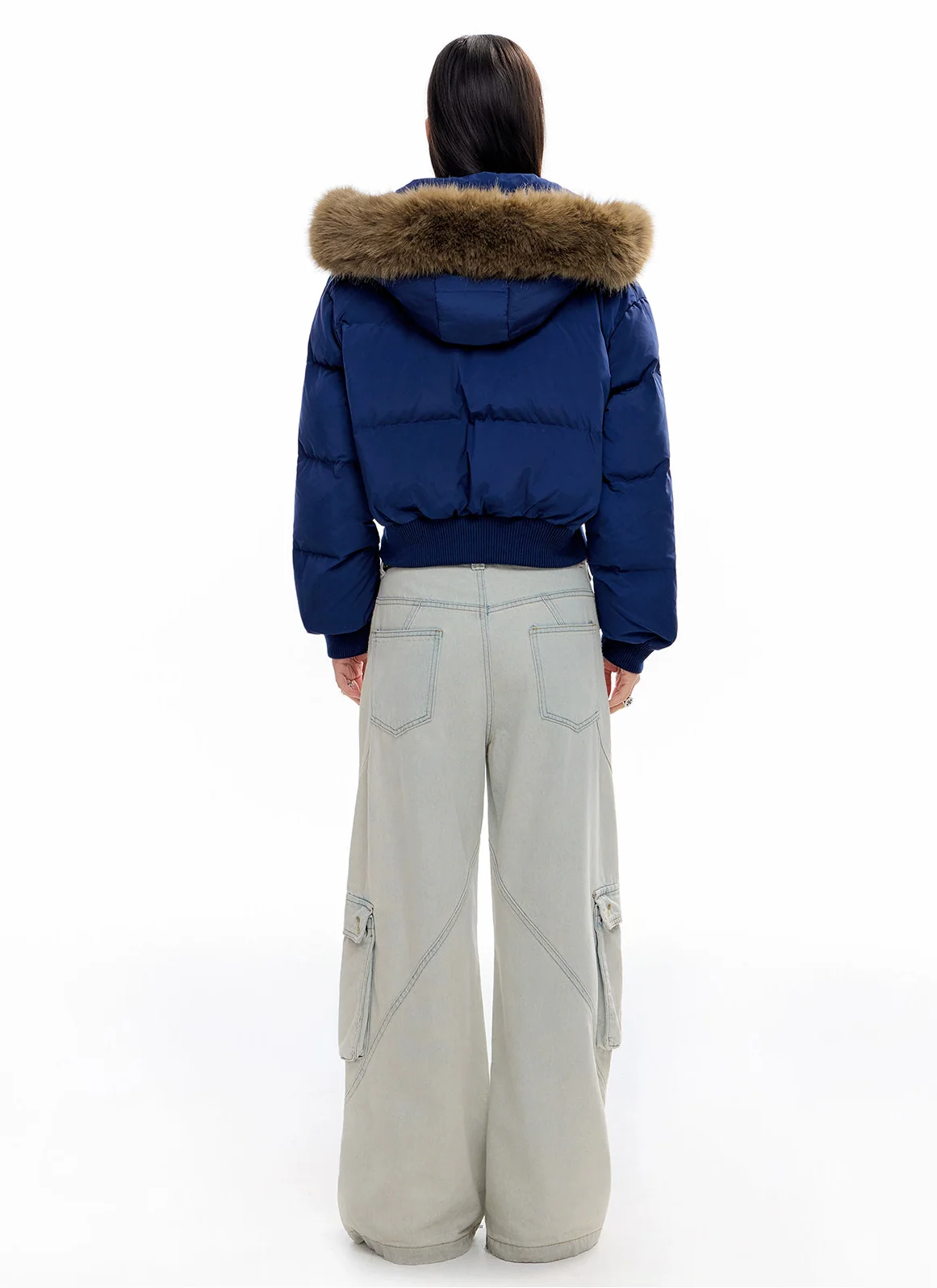 Crop Puffer Jacket with Detachable Faux Fur Hood Trim - Image 5