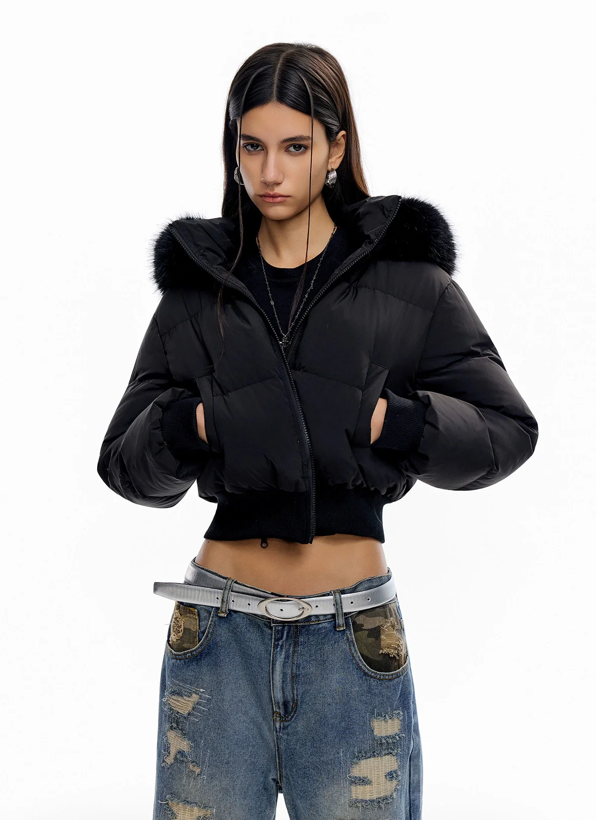 Crop Puffer Jacket with Detachable Faux Fur Hood Trim - Image 6