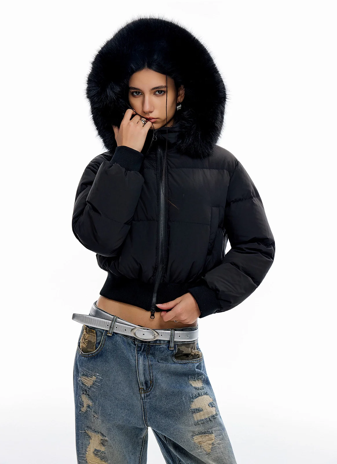 Crop Puffer Jacket with Detachable Faux Fur Hood Trim - Image 7