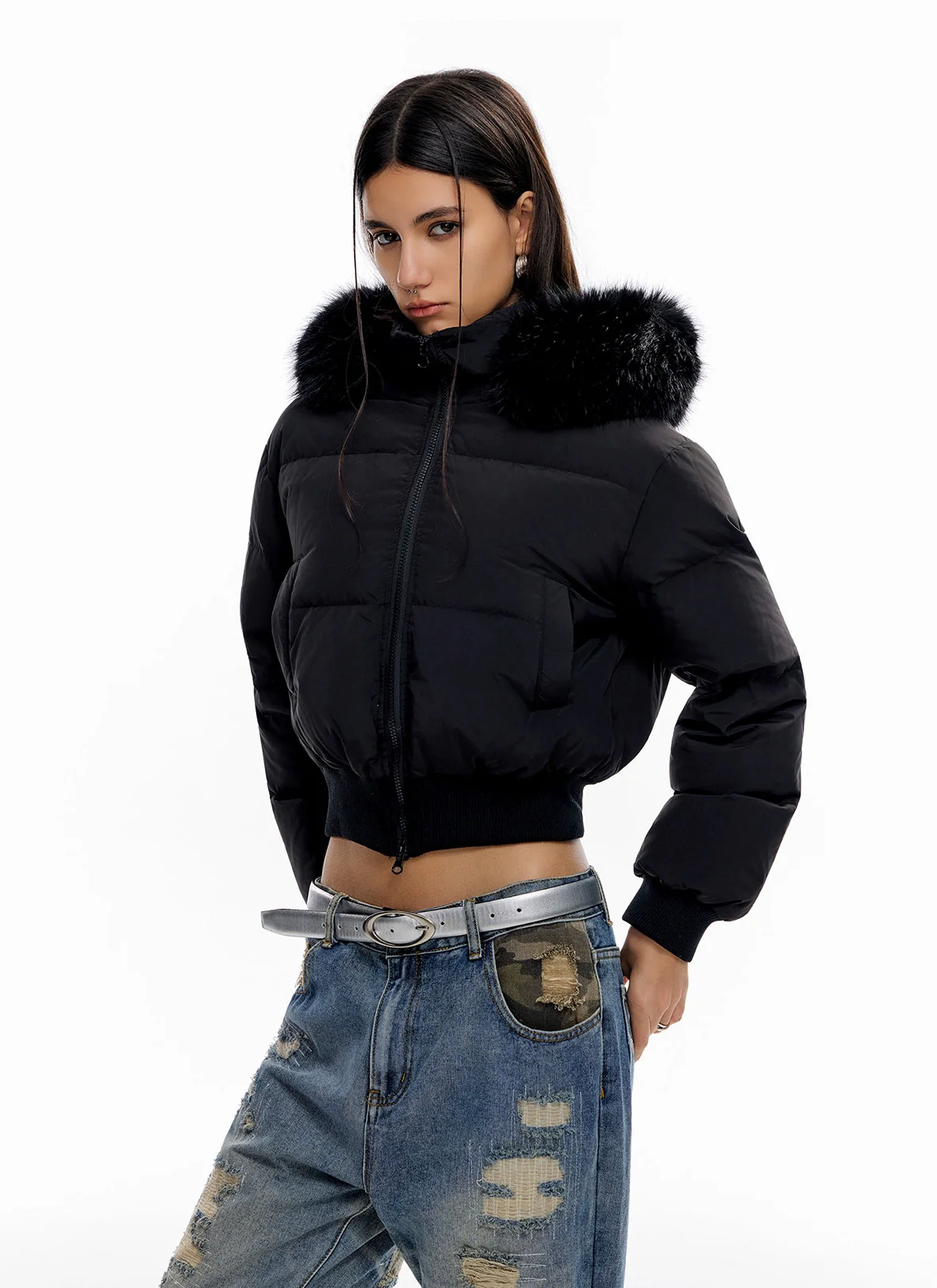 Crop Puffer Jacket with Detachable Faux Fur Hood Trim - Image 8