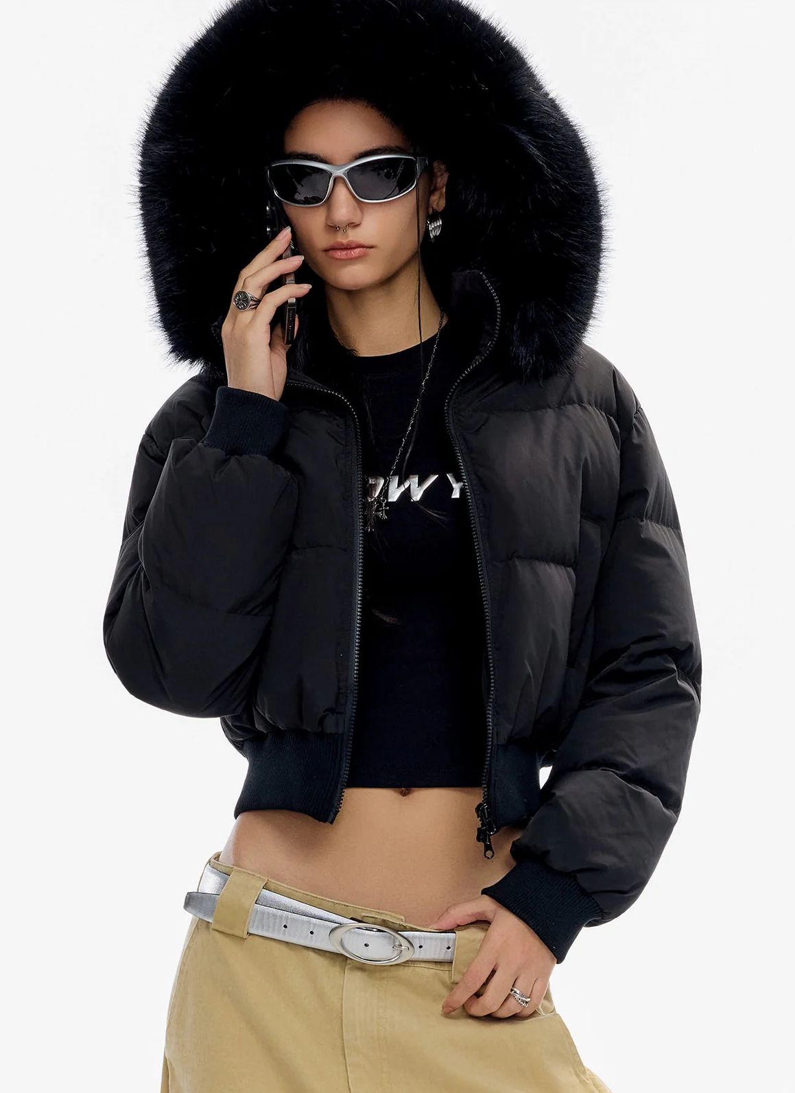 Crop Puffer Jacket with Detachable Faux Fur Hood Trim - Image 9