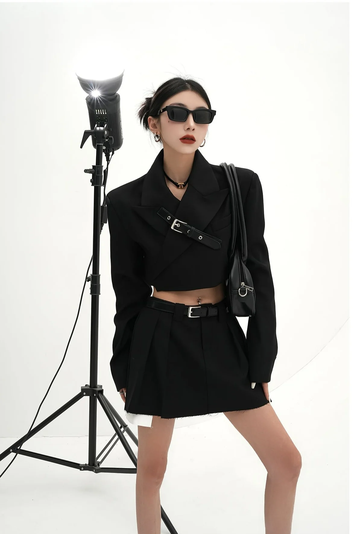 Cropped Blazer with Collar Belt Strap and Pleated Mini Skirt Two-Piece Set - Image 2