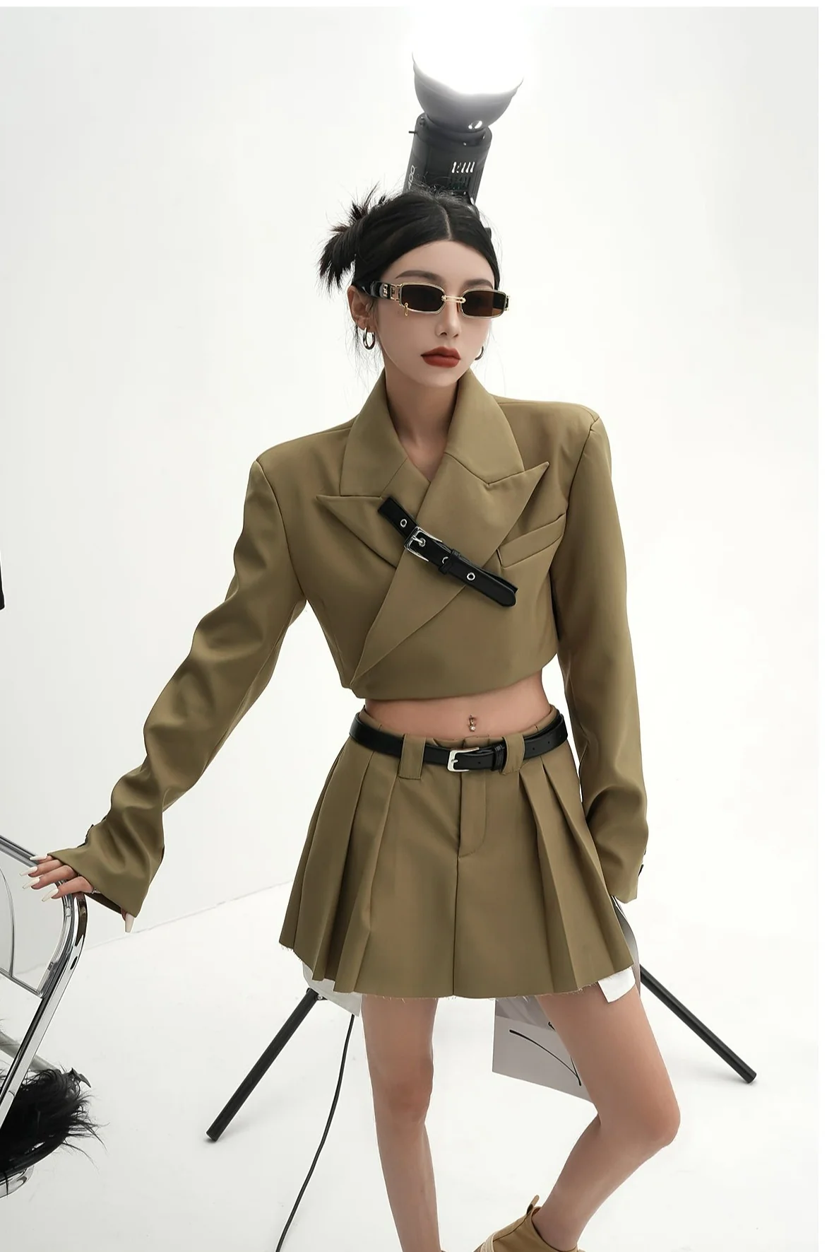 Cropped Blazer with Collar Belt Strap and Pleated Mini Skirt Two-Piece Set - Image 7
