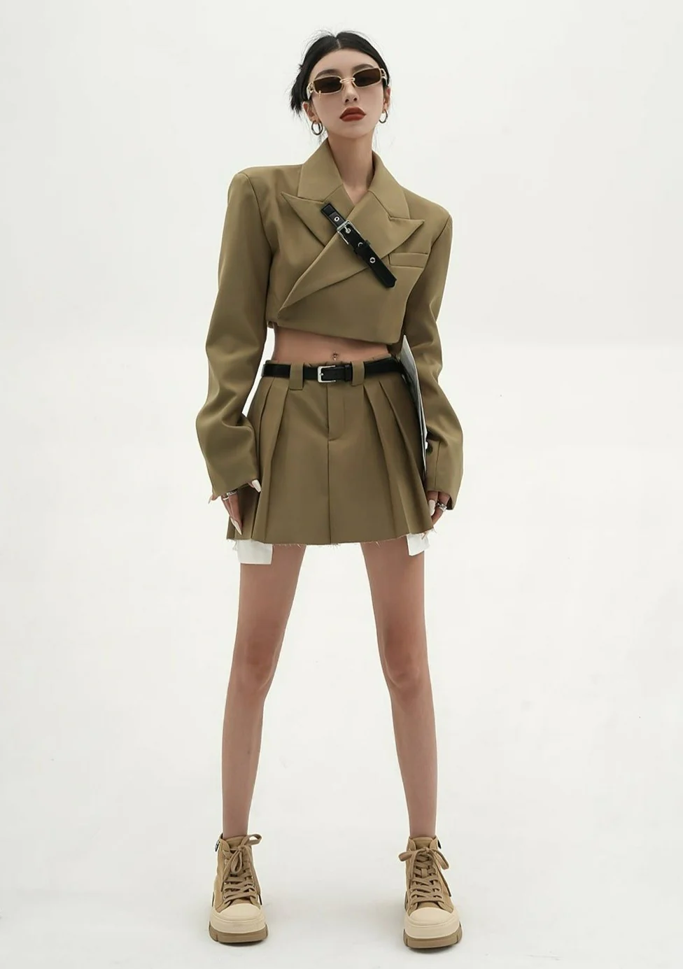 Cropped Blazer with Collar Belt Strap and Pleated Mini Skirt Two-Piece Set - Image 9
