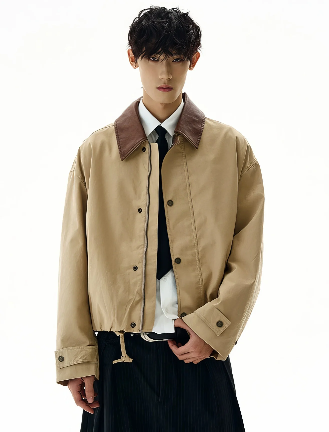 Cropped Contrast Leather Collar Zip Worker Jacket - Image 3