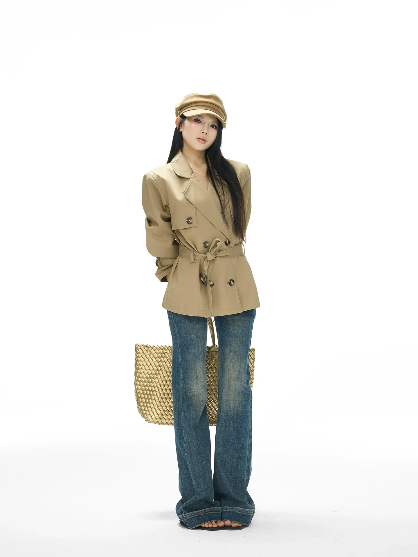 Cropped Double-Breasted Trench Coat with Belted Waist - Image 5