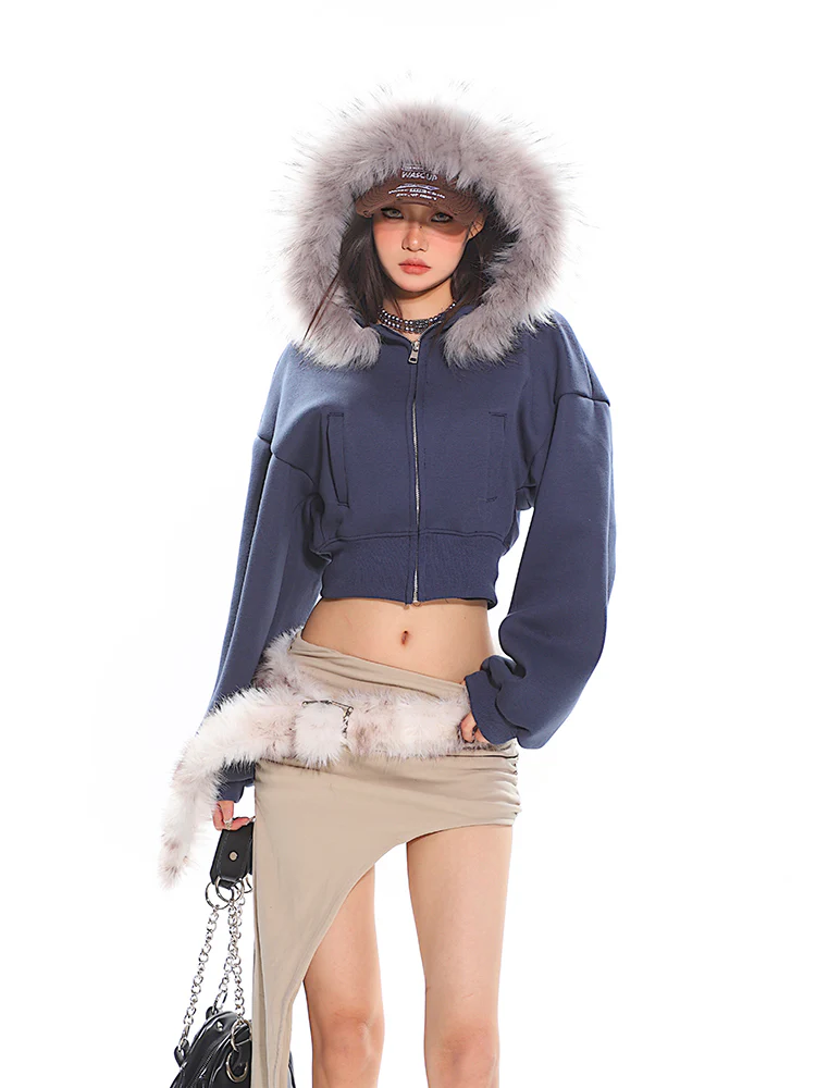 Cropped Faux Fur Hoodie Balloon Sleeves Jacket - Image 2