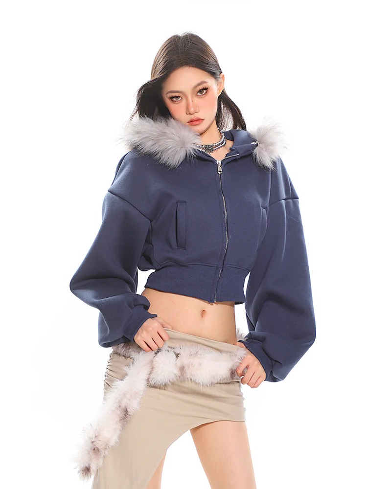 Cropped Faux Fur Hoodie Balloon Sleeves Jacket - Image 4