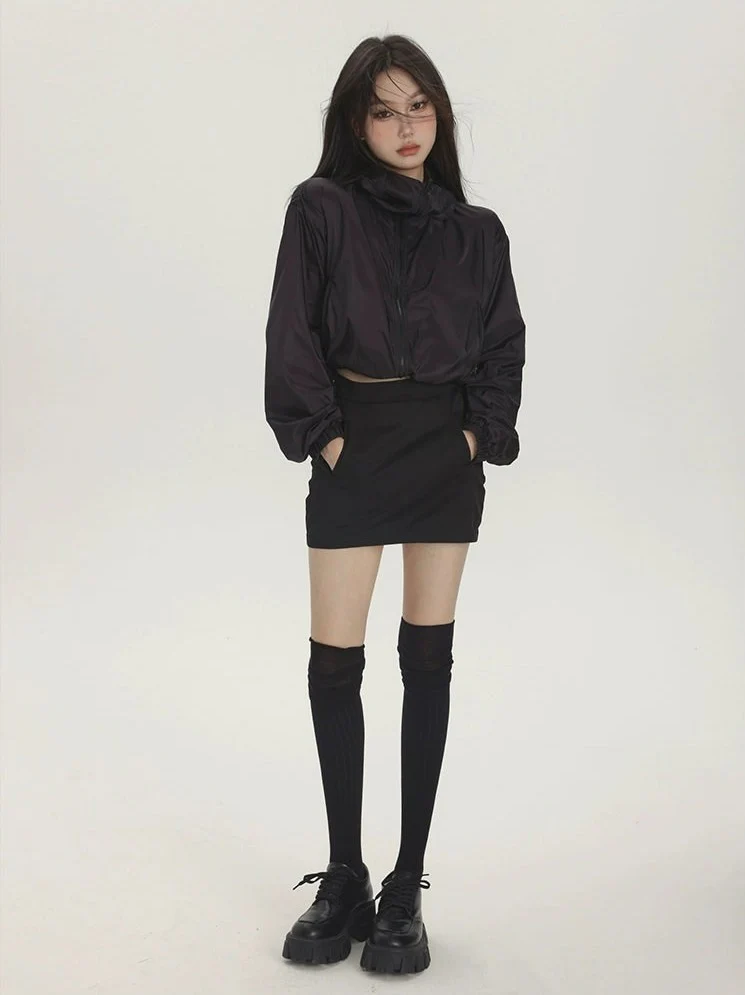 Cropped High Neck Hooded Windbreaker Jacket - Image 5