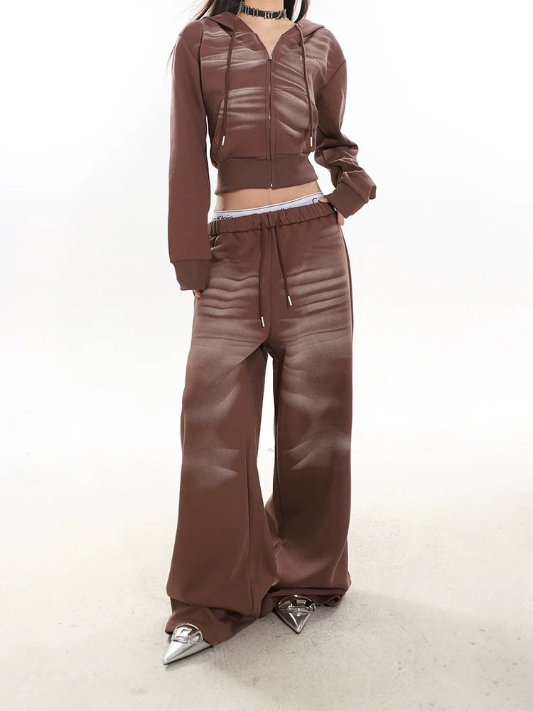 Cropped Zip-Up Wrinkle-Print Hoodie and Jogger Pants Sweatsuit Set - Image 9