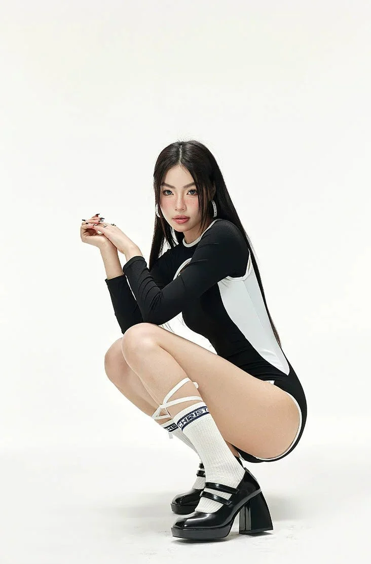 Cutout Two-Tone Contrast Hem Long Sleeve Swimsuit - Image 6