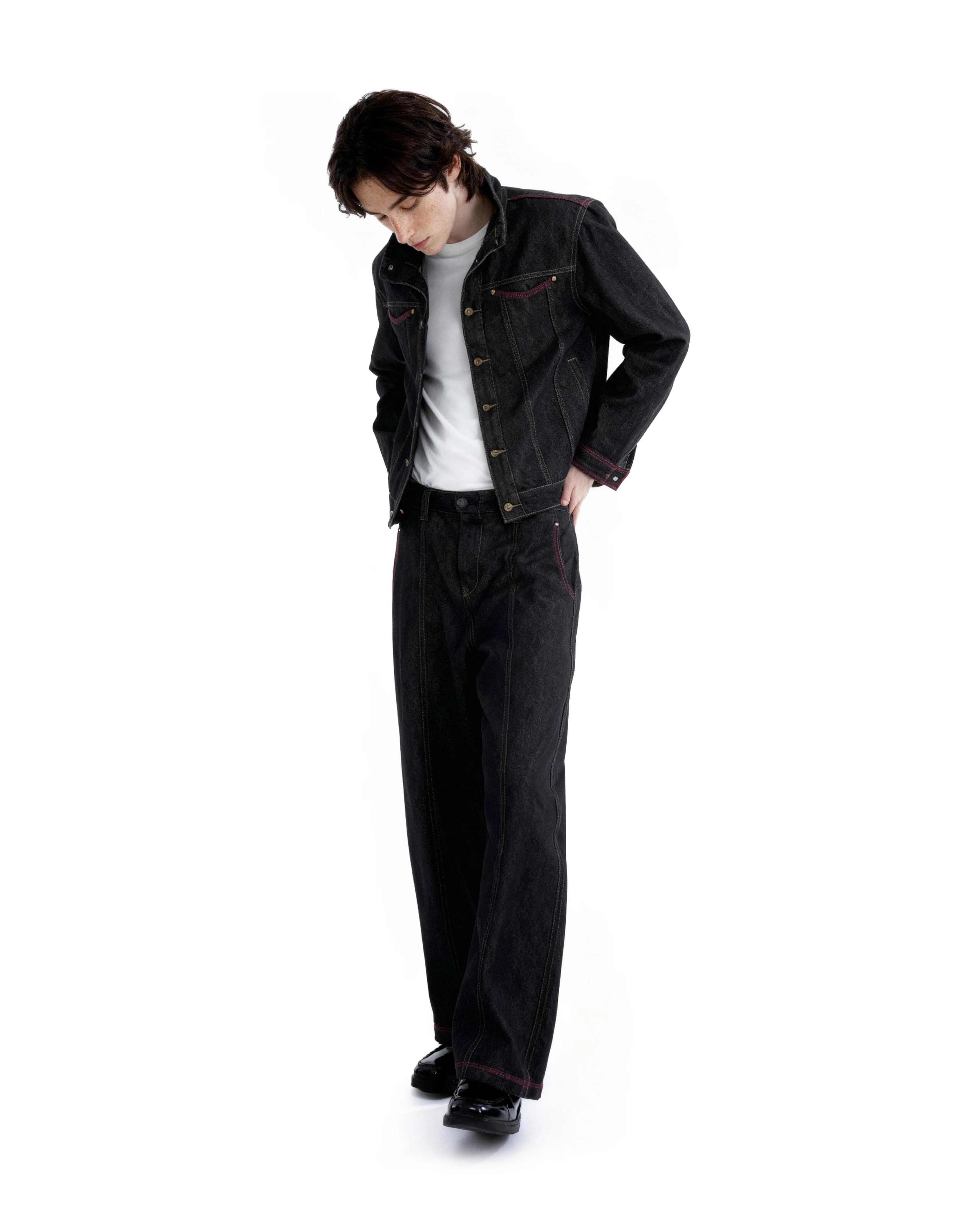 Dark Wash Contrast Stitch Mid Crop Denim Jacket and Wide Leg Jeans Two-Piece Set - Image 4