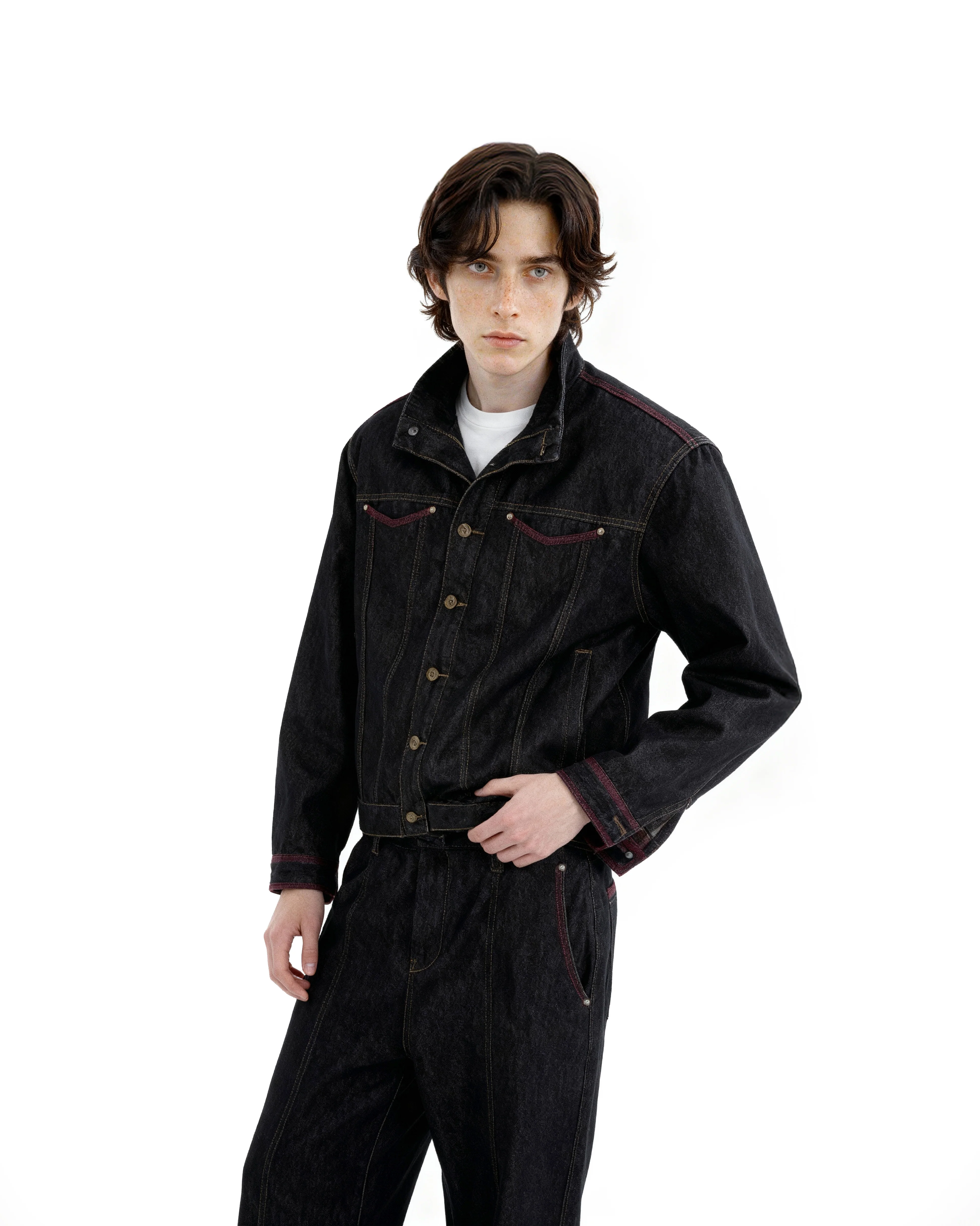Dark Wash Contrast Stitch Mid Crop Denim Jacket and Wide Leg Jeans Two-Piece Set - Image 9