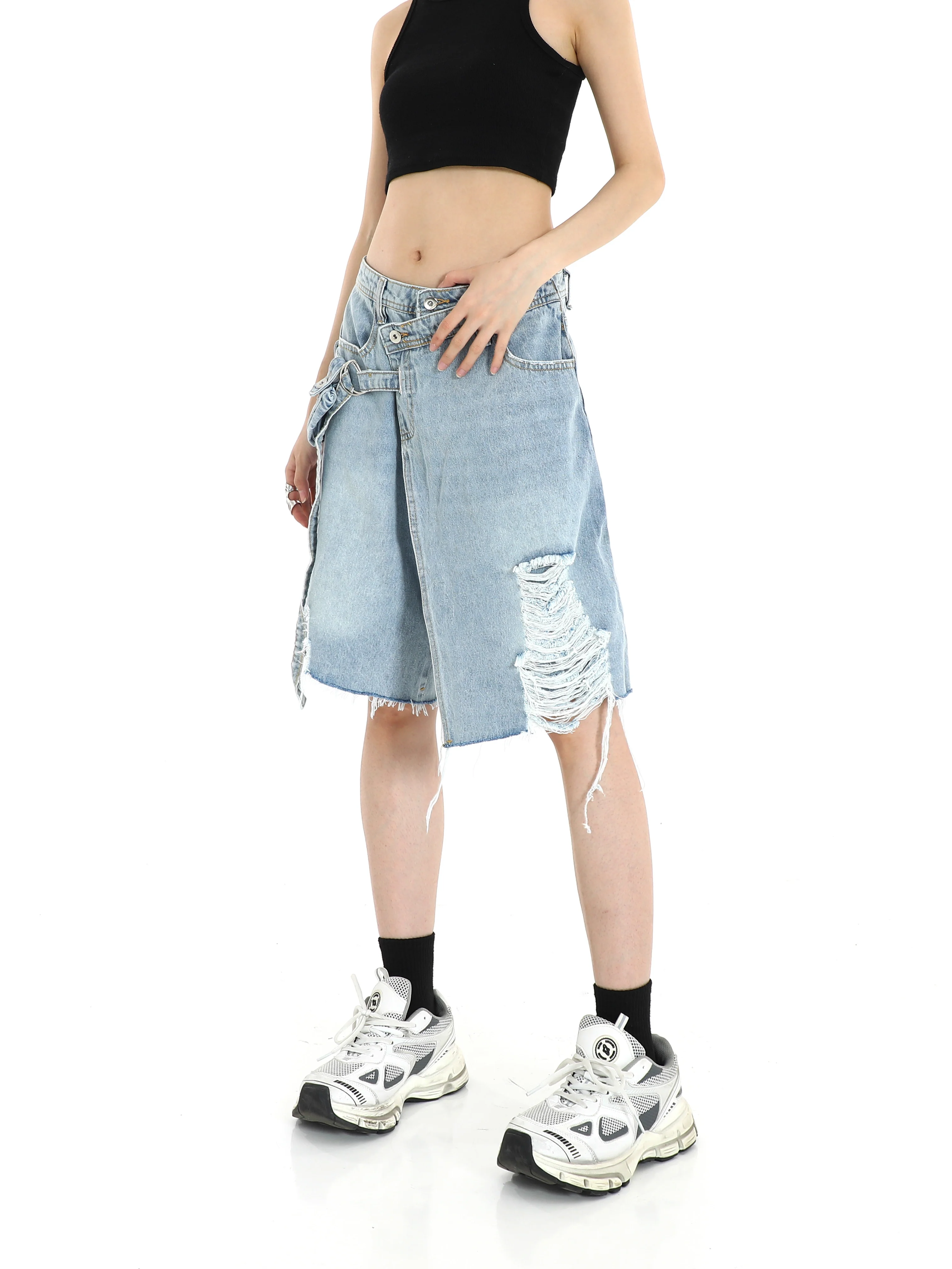 Denim Cargo Pocket Bermuda Shorts with Raw Hem - Image 2