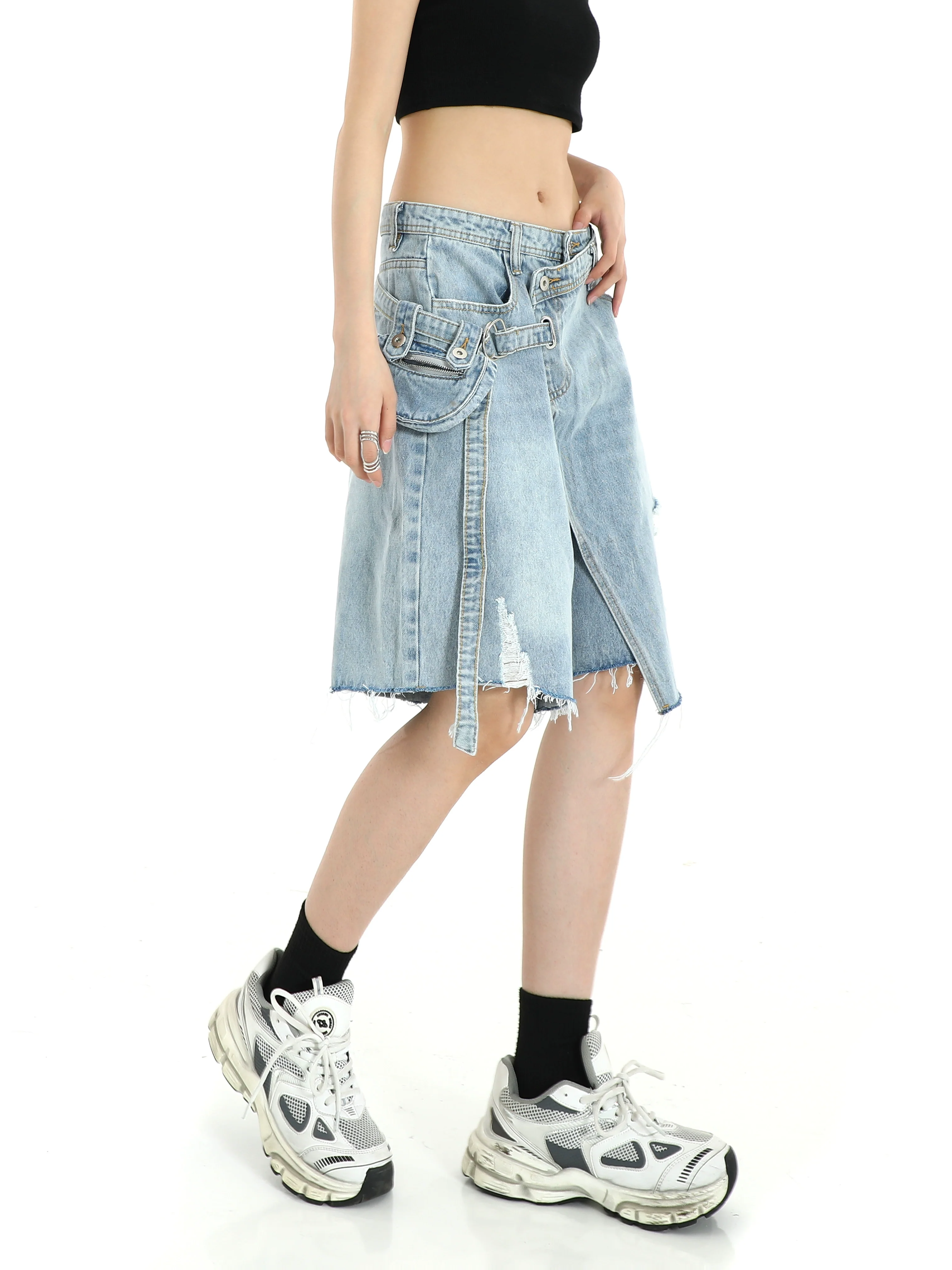 Denim Cargo Pocket Bermuda Shorts with Raw Hem - Image 3