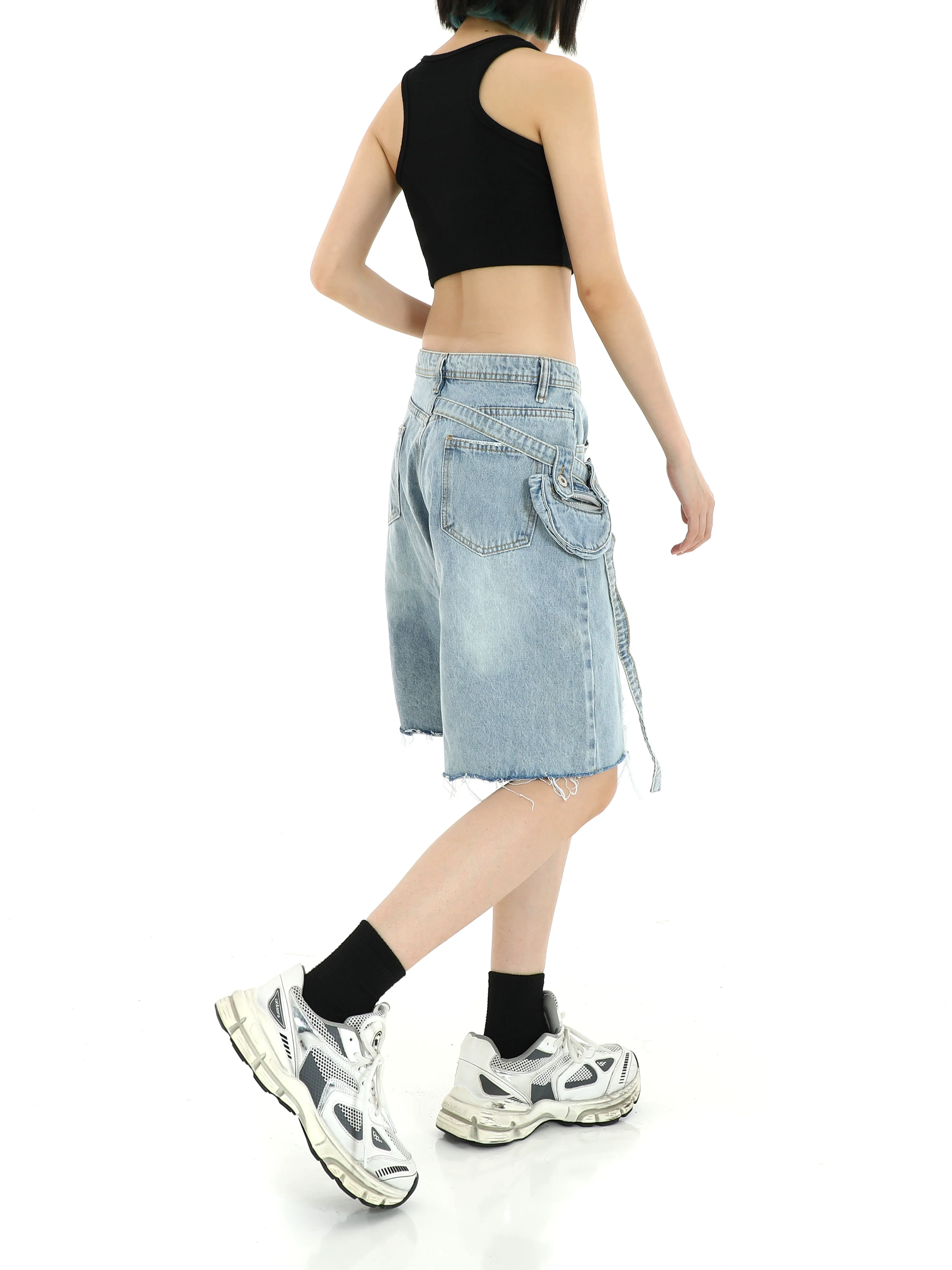 Denim Cargo Pocket Bermuda Shorts with Raw Hem - Image 4