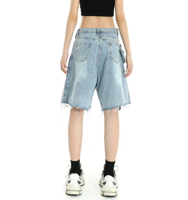 Denim Cargo Pocket Bermuda Shorts with Raw Hem - Image 5
